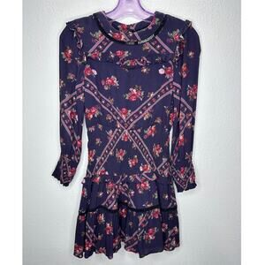 Rahi Cali Purple Multi Color Floral Print 3/4 Sleeve Ruffle Mini Dress XS